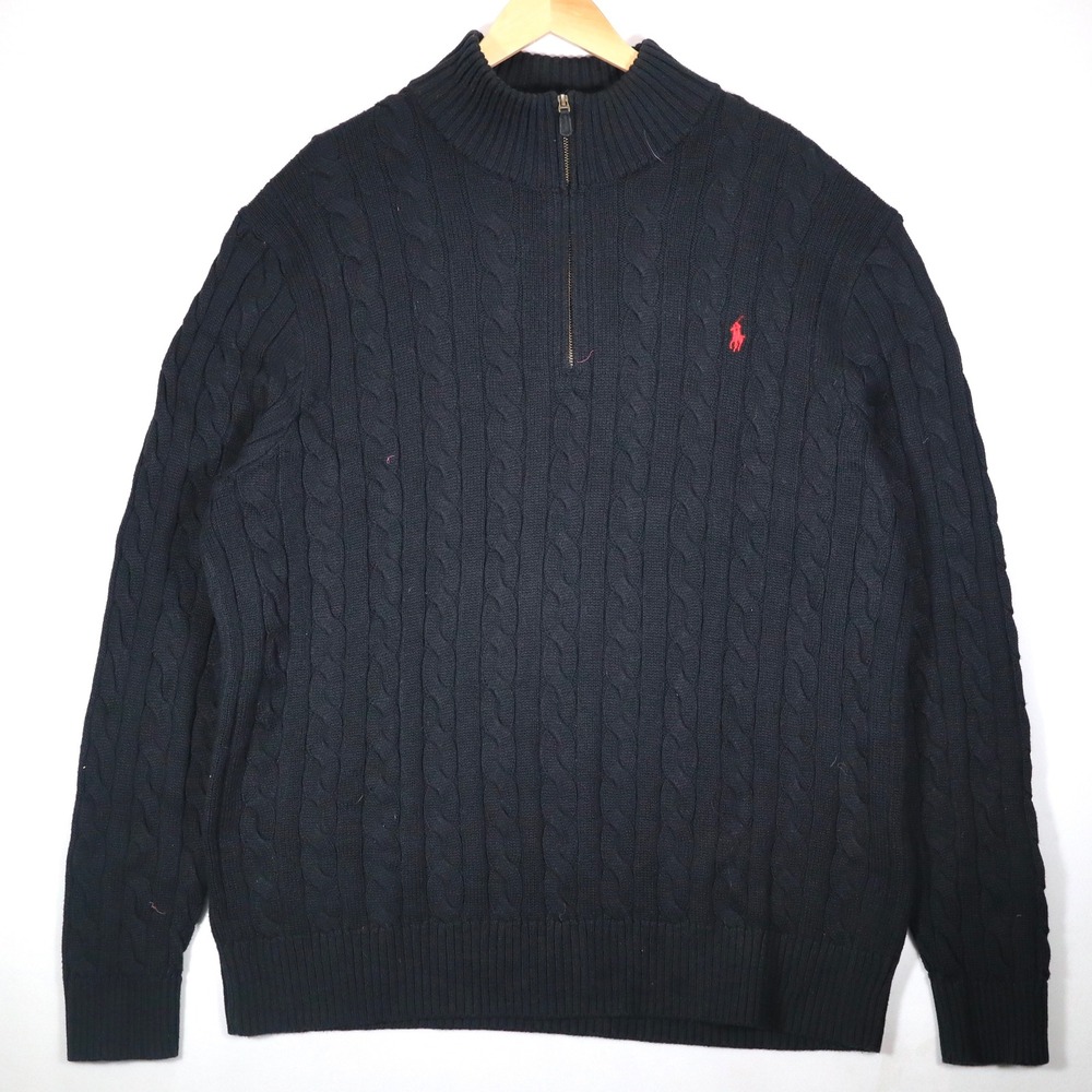 Polo Ralph Lauren Sweater Mens XLT Blue Cable Knit 1/4 Zip Pullover Cotton Tall